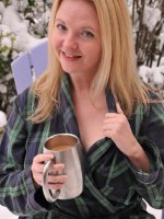 Neighbor lady drinking coffee opens her plaid robe.