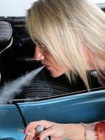 Blonde Layla sparks up a smoke and spreads her legs on her car